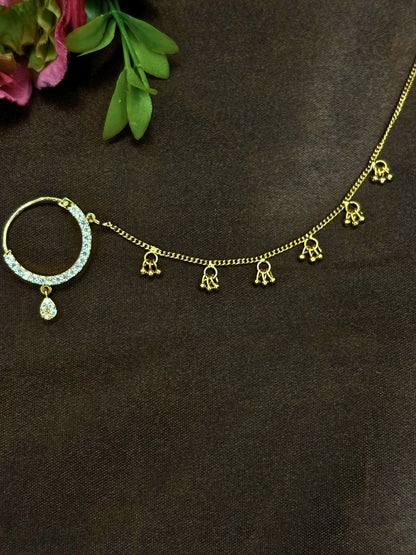 Gold-Plated AD and Cubic Zirconia  chained Adjustable Nosepin Chain (Nath)
