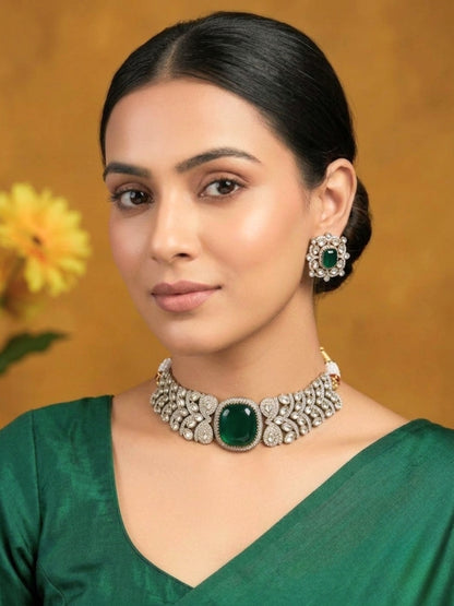 VIVAZS Green Kundan-Studded Cubic Zirconia Golden Necklace Set