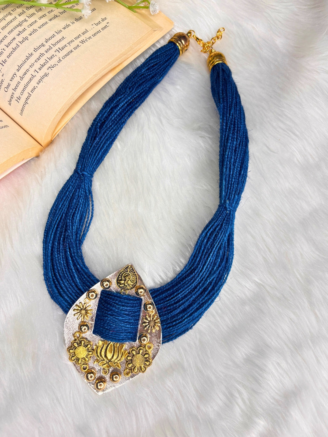 Gold-Plated Oxidised Statement Blue Thread Jute Necklace