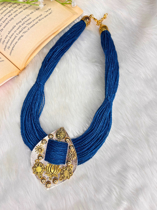 Gold-Plated Oxidised Statement Blue Thread Jute Necklace