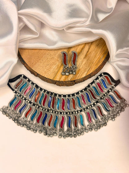 Oxidised Silver-Toned Multicolour Enamelled Statement Necklace Set