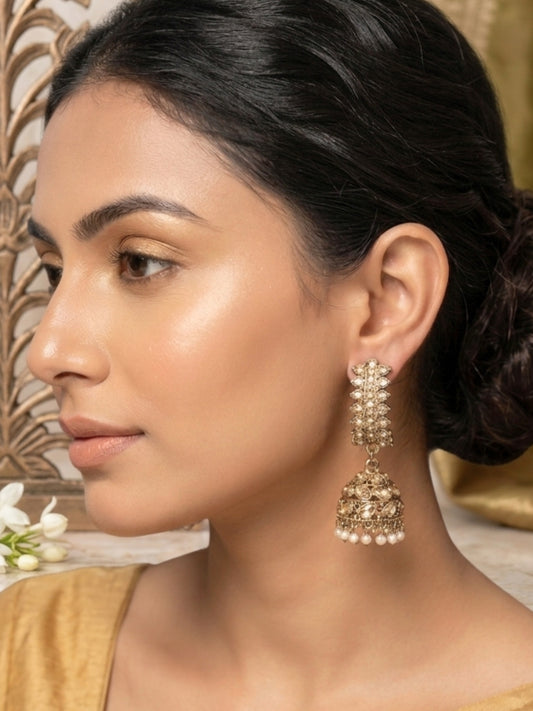 Gold-Plated  Kundan & Pearl Studded Layered  Jhumka Earrings