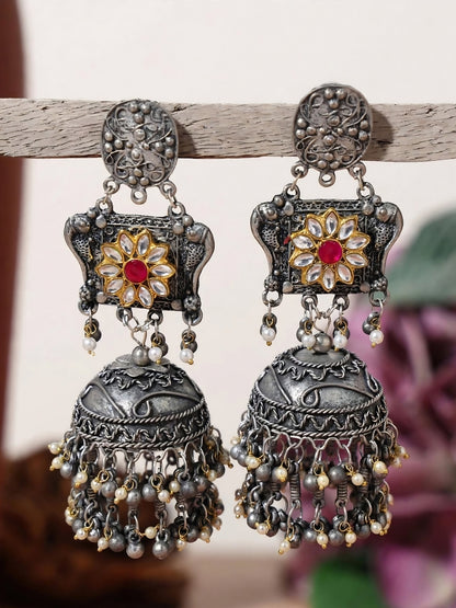 Oxidised Silver-Plated Floral Kundan Stone Studded Jhumka Earrings