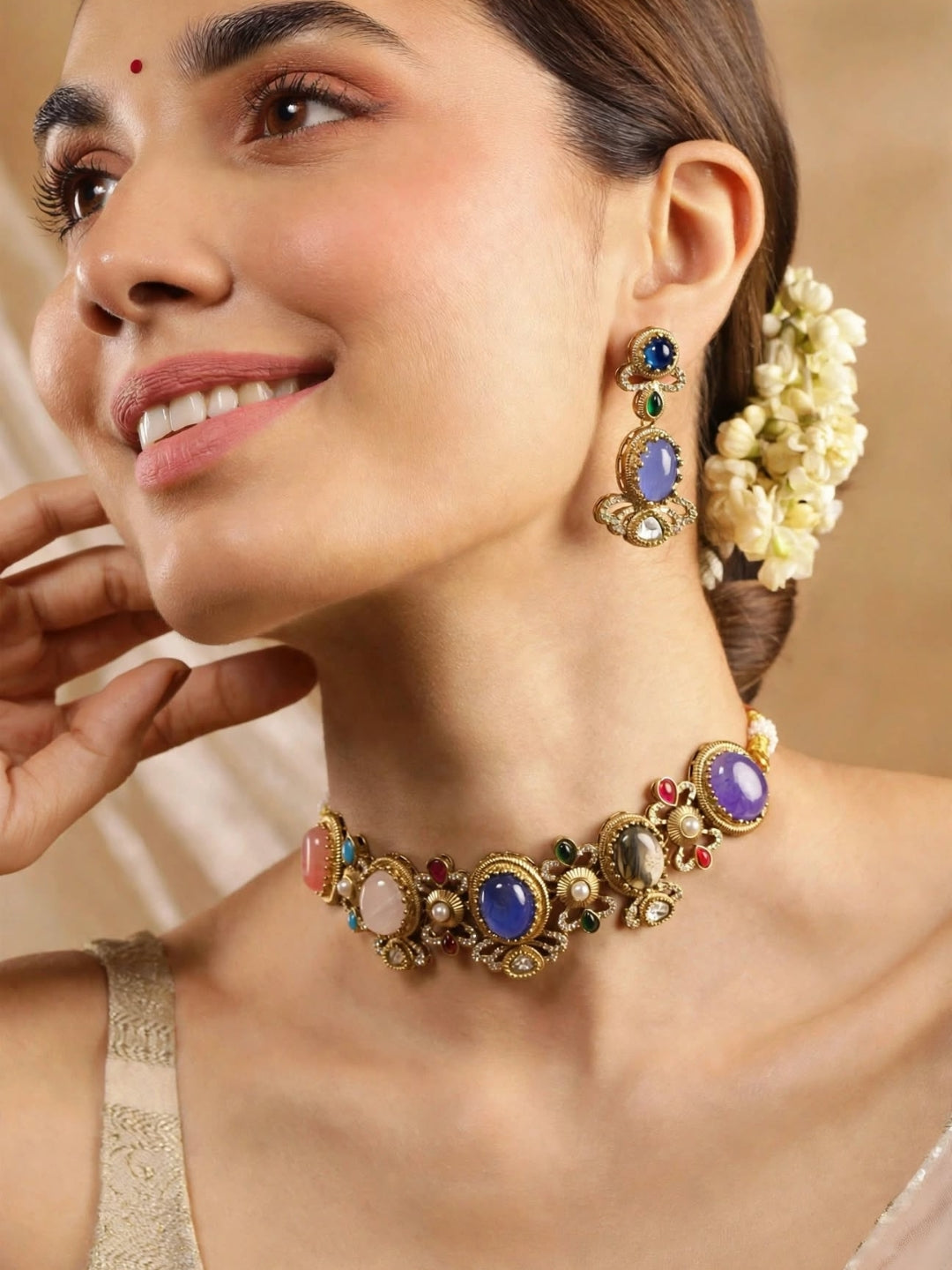 Gold-Plated Multicolour Stone Studded Traditional Choker Necklace Jewellery Set