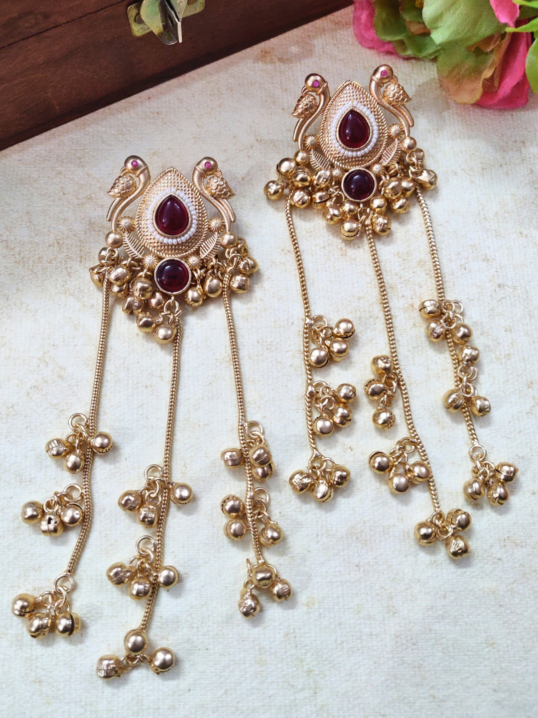 Gold-Plated Kundan & Ghungaroo Beaded Kashmiri Drop Earrings