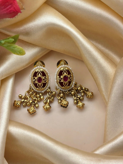 Gold-Plated Red Kundan Stone Contemporary Stud Earrings