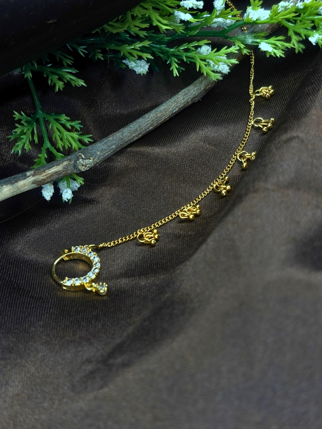 Gold-Plated AD and Cubic Zirconia  chained Adjustable Nosepin Chain (Nath)