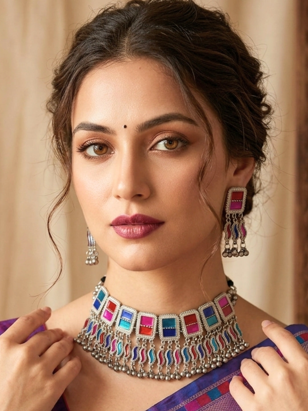 Silver-Plated Oxidised Meenakari Statement Necklace Set