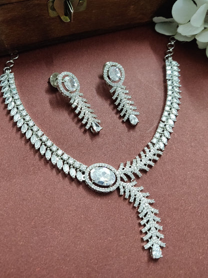 Silver Plated Ad & Cubic Zirconia Studded Premium Necklace Jewellery Set