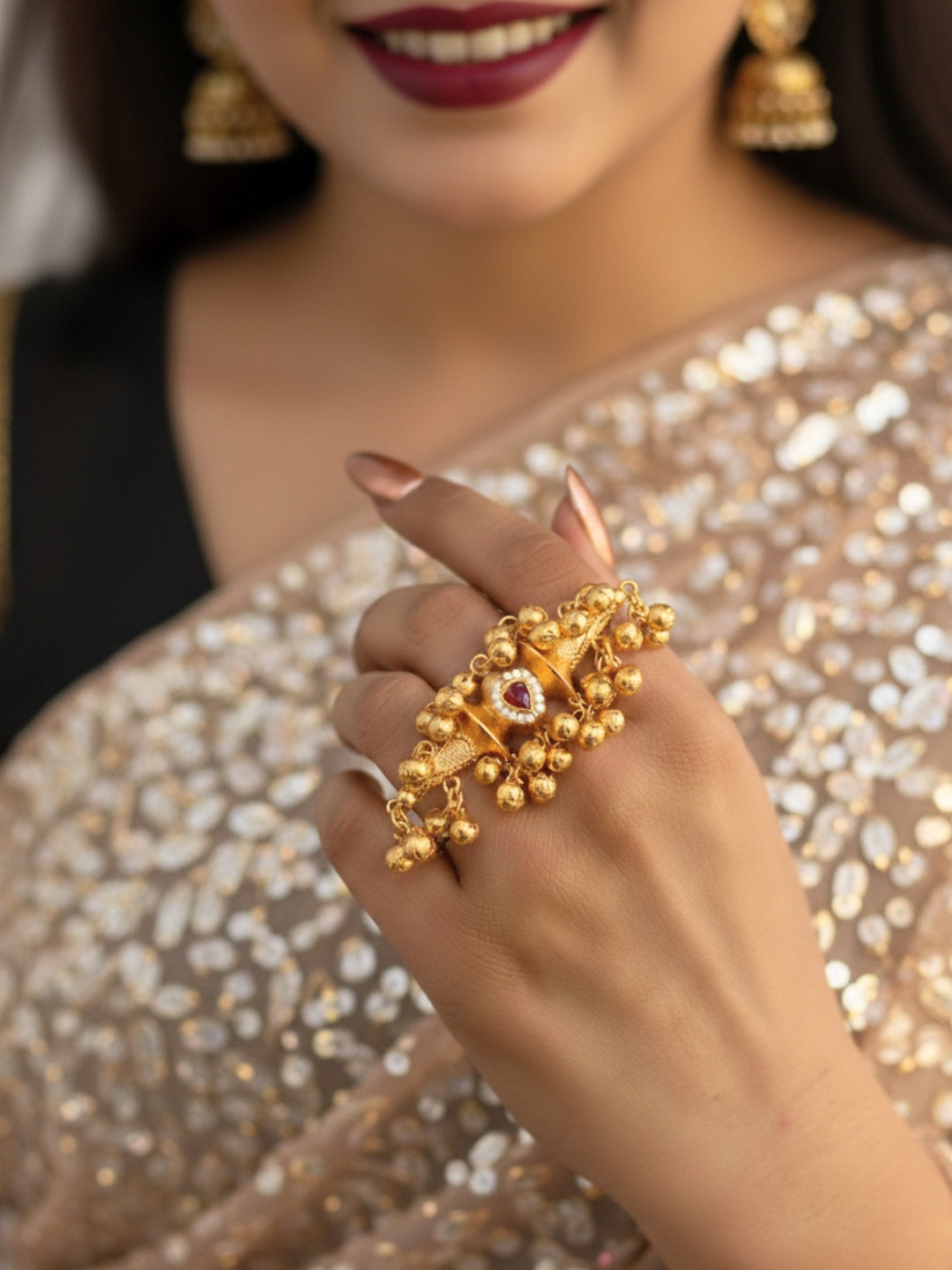 Gold-Plated Red Stones Studded Finger Ring