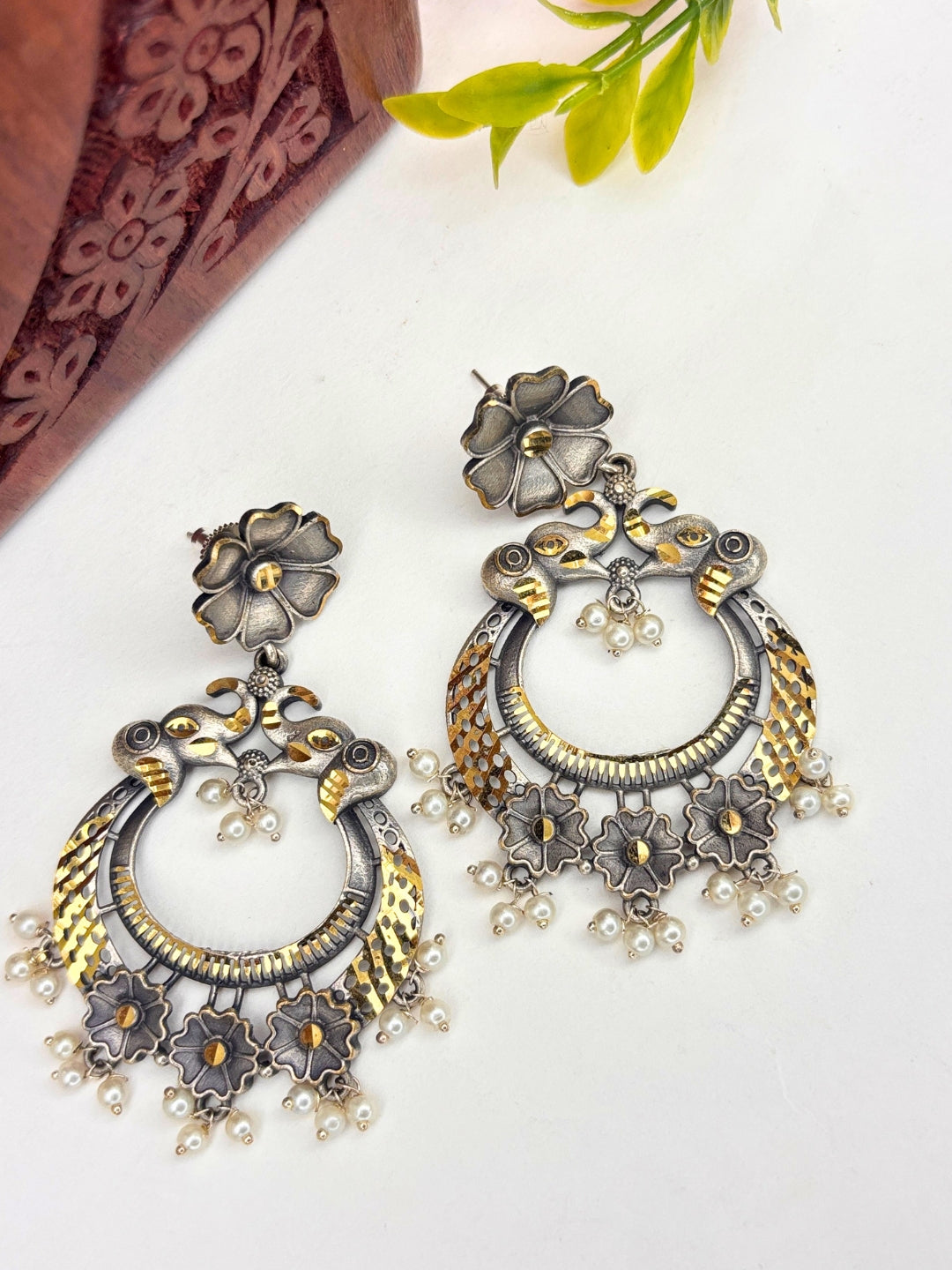 Oxidised Silver-Plated Floral & Pearl Embellished Peacock Statement Drop Earrings
