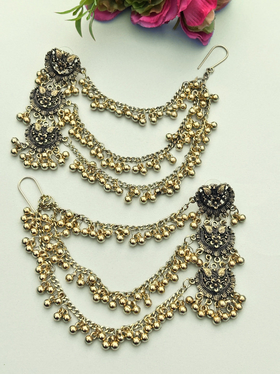 VIVAZS Oxidised 3 Layered EarChain Drop Earrings