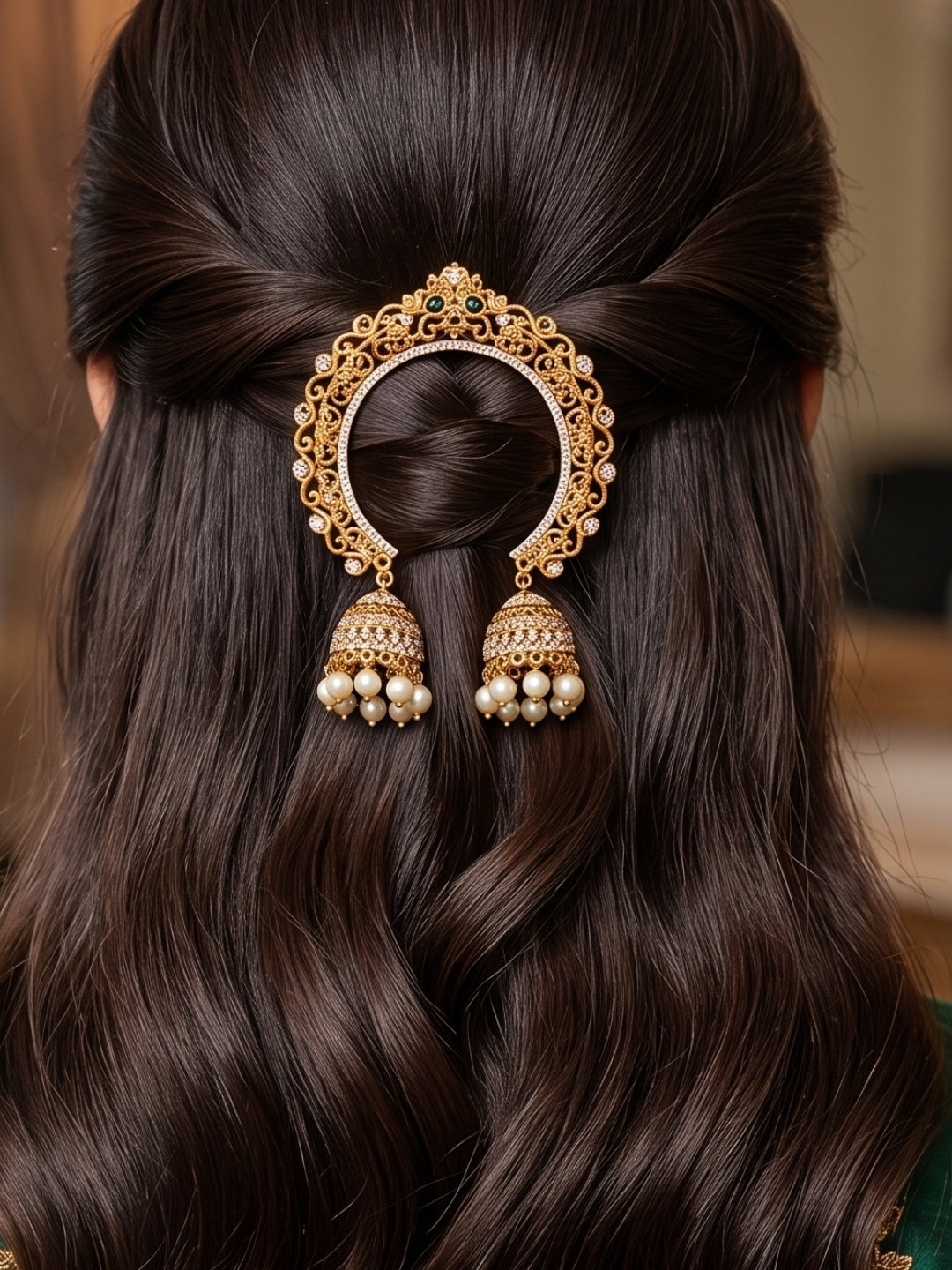 Gold-Plated Kundan and AD Pearl Embellished Traditional Hair Juda Pin
