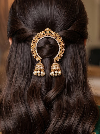 Gold-Plated Kundan and AD Pearl Embellished Traditional Hair Juda Pin