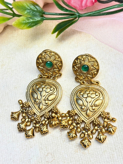 Gold-Plated Green Kundan Stone Floral Drop Statement Earrings