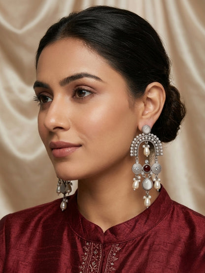 Maroon & White Stone Pearl Embellished Oxidised Chandbali Statement Earrings