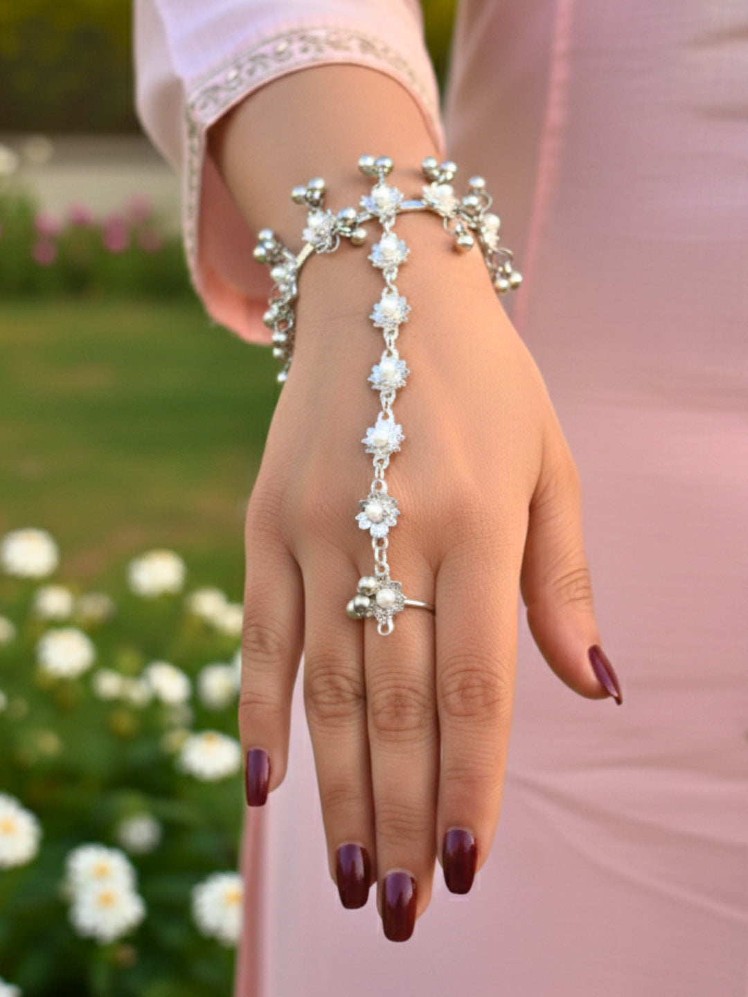 VIVAZS Silver-Plated Pearl Ring Bracelet With Hathphool