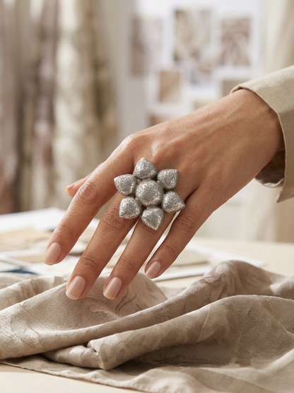 Women Oxidised Silver-Plated Floral Statement Ring