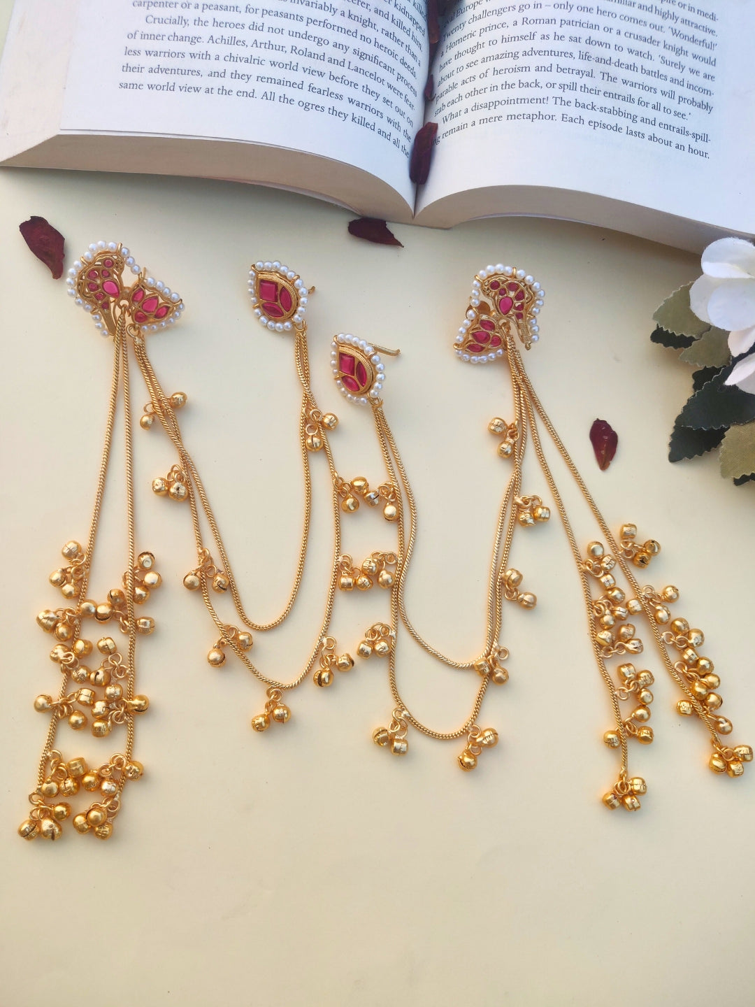 VIVAZS Kundan Crystal Statement Kan Chain Earrings (Pink)