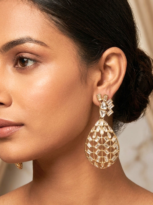 Gold-Plated Crystal Geometric Kundan-Style  Handcrafted Drop Chandbalis Earrings