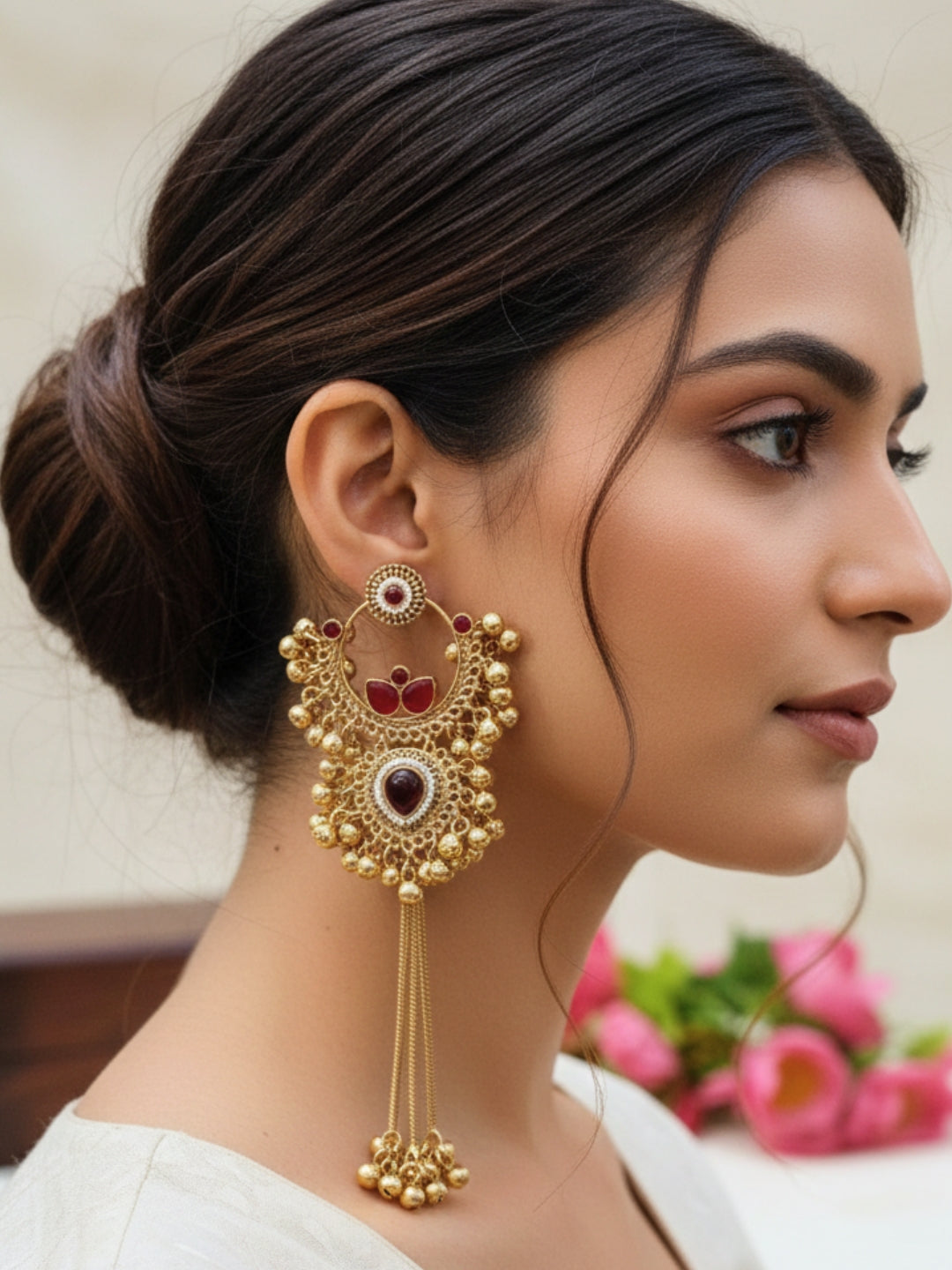 Gold-Plated Kundan & Ghungaroo Beaded Kashmiri Drop Earrings