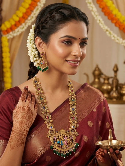 Gold-Plated Traditional Srinivasa Kalyana Bridal Long Haram With Earring Temple Jewellery Set