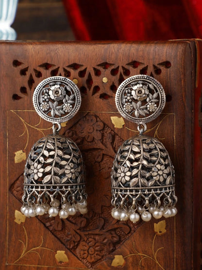 Oxidised Silver-Plated Floral Leaf Design Pearl Drop Dome Jhumka Earrings