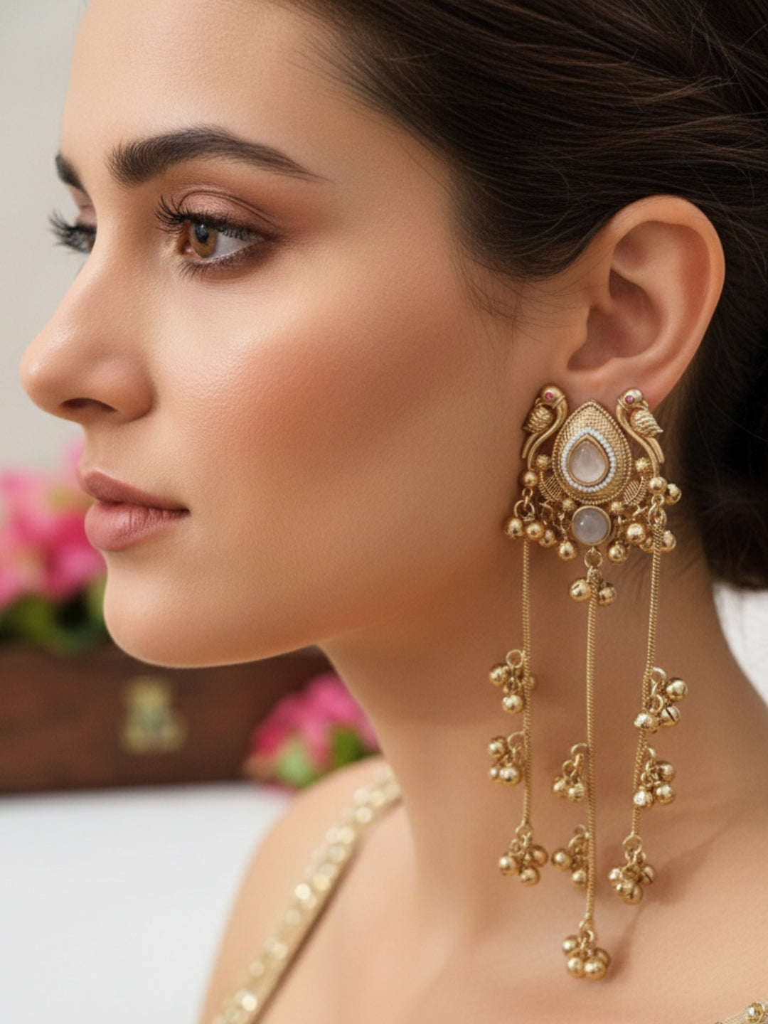 Gold-Plated Kundan & Ghungaroo Beaded Kashmiri Drop Earrings