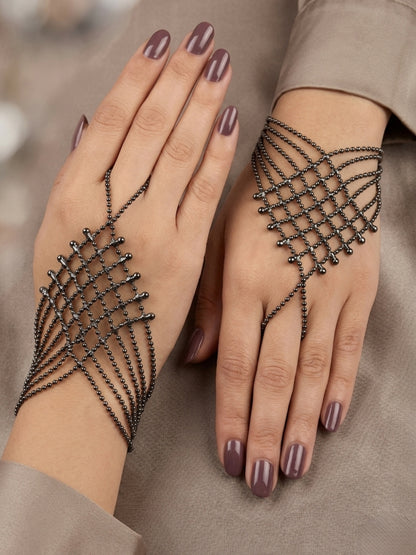 Women Black Rhodium-Plated Handcrafted hathphool Wraparound Ring Bracelet set