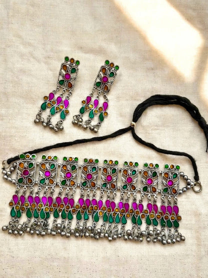 Silver-Plated Oxidised Meenakari Statement Necklace Set(Rani Pink and Green)