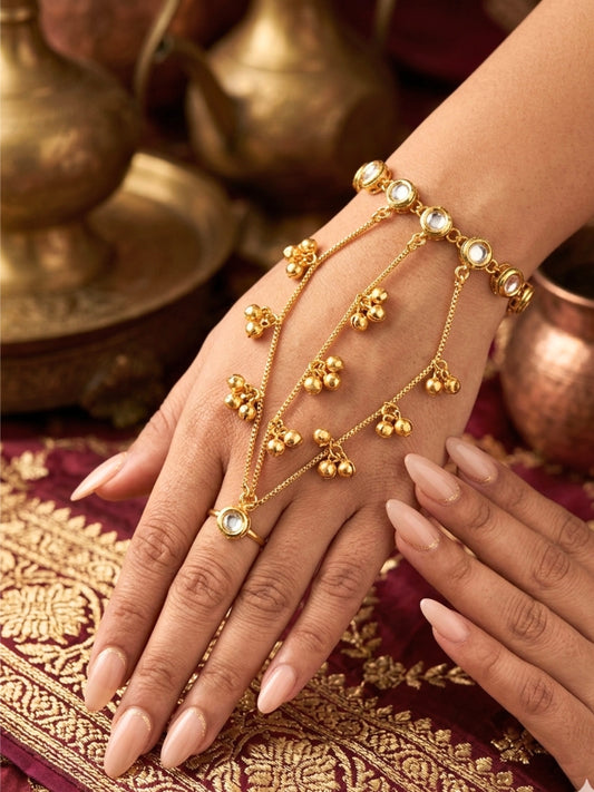 Gold-Plated Kundan Studded Ghungaroo Hath Phool  Kashmiri Ring Bracelet set