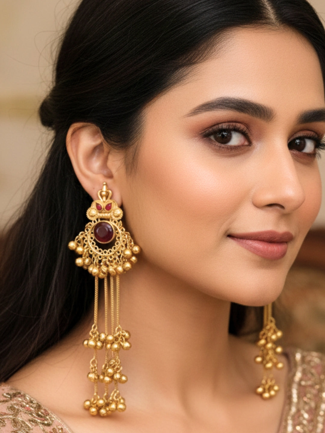 Gold-Plated Kundan & Ghungaroo Beaded Kashmiri Drop Earrings