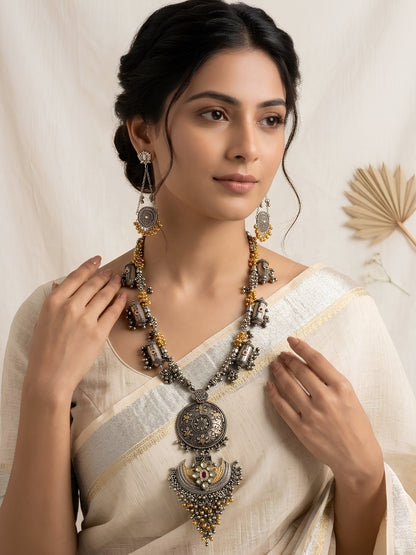 Dual-Tone Silver & Gold-Plated Oxidised Tribal Statement Necklace Set