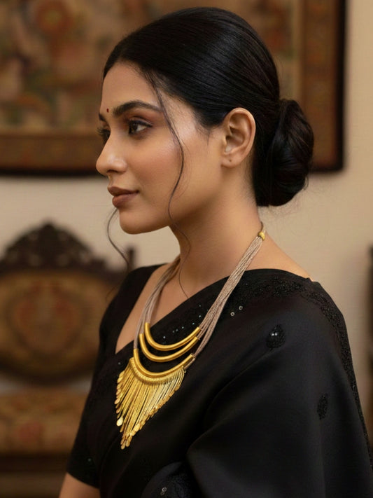 Brass and Jute Oxidised Gold Studded Crochet Necklace