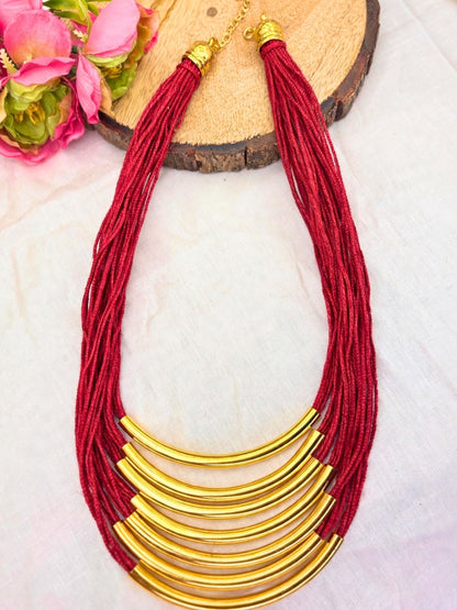 Gold-Plated Oxidised Statement Red Thread Layered Jute Necklace