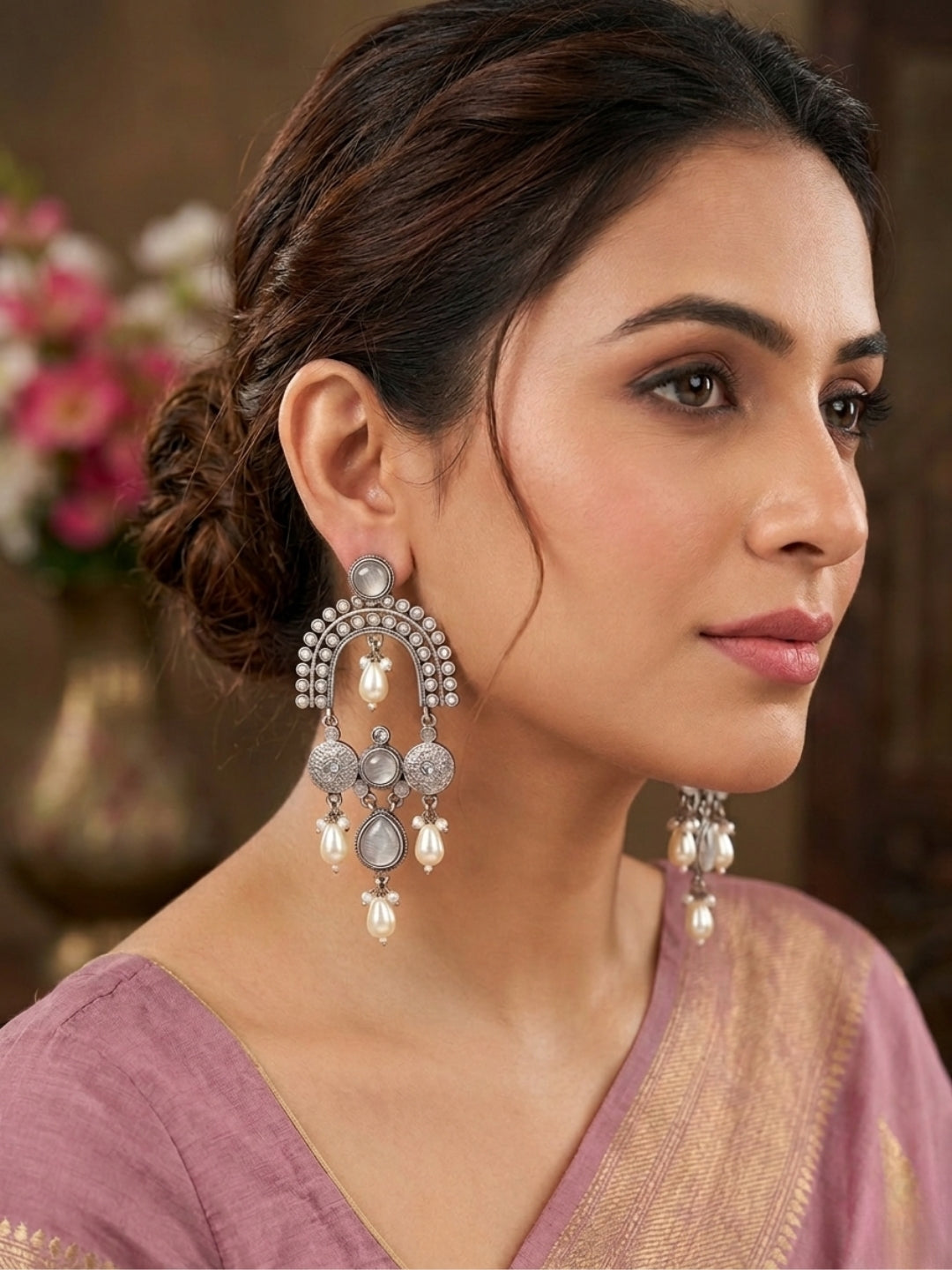 White Stone & Pearl Embellished Oxidised Statement Chandbali Earrings