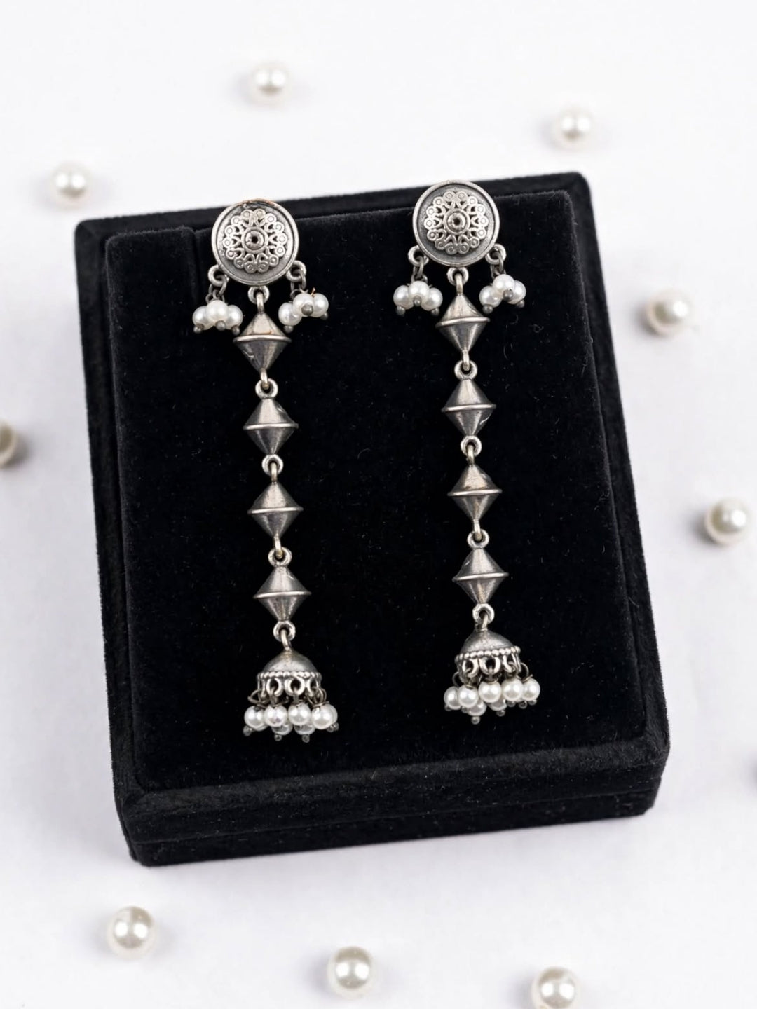 Oxidised Silver-Plated Geometric Long Drop Earrings