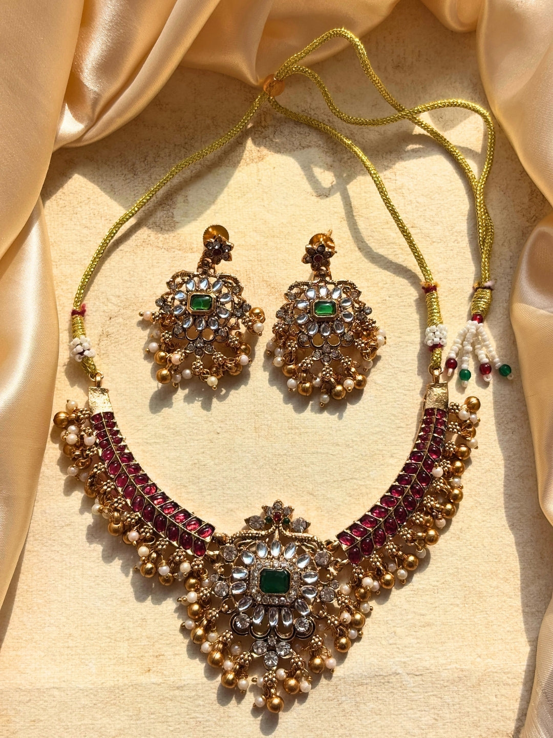 Gold-Plated Kundan Ruby Stone Statement Choker Necklace Jewellery Set