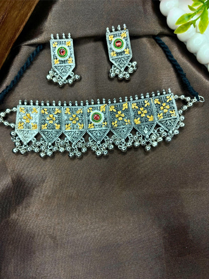 Oxidised Silver-Plated Dual-Tone Floral Statement Choker Necklace Jewellery Set