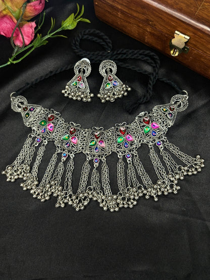 Oxidised Silver-Plated Multicolour Stone Embellished Tribal Statement Choker Necklace Jewellery Set