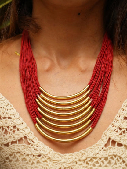 Gold-Plated Oxidised Statement Red Thread Layered Jute Necklace