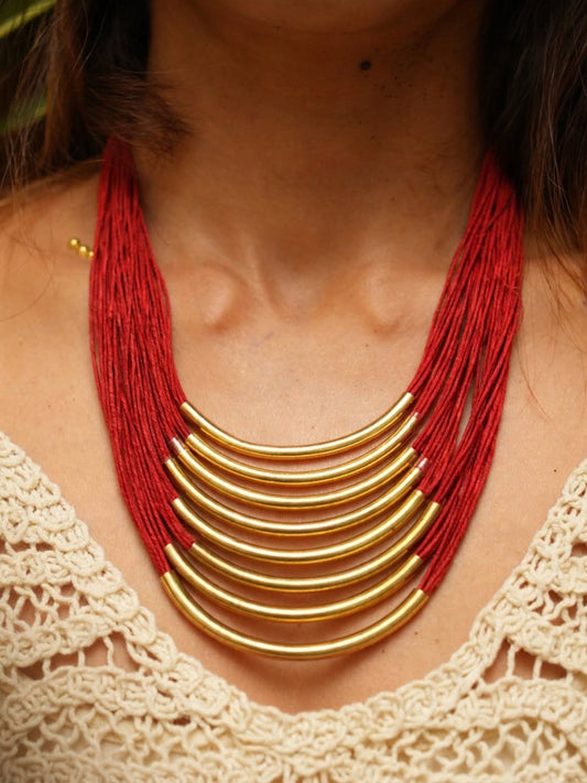 Gold-Plated Oxidised Statement Red Thread Layered Jute Necklace