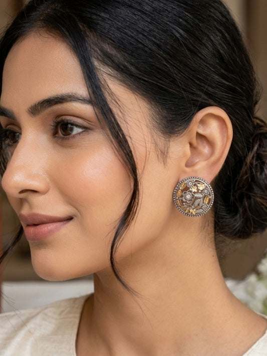 Oxidised Silver-Plated Floral Leaf & Stone Embellished Round Stud Earrings