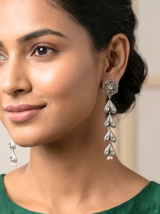 Oxidised Silver-Plated Long Dangler Earrings