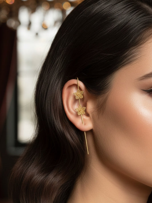 Contemporary Gold-Plated Flower Ear Cuff Earrings