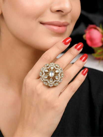 Gold-Plated Stone Kundan Floral Statement Ring