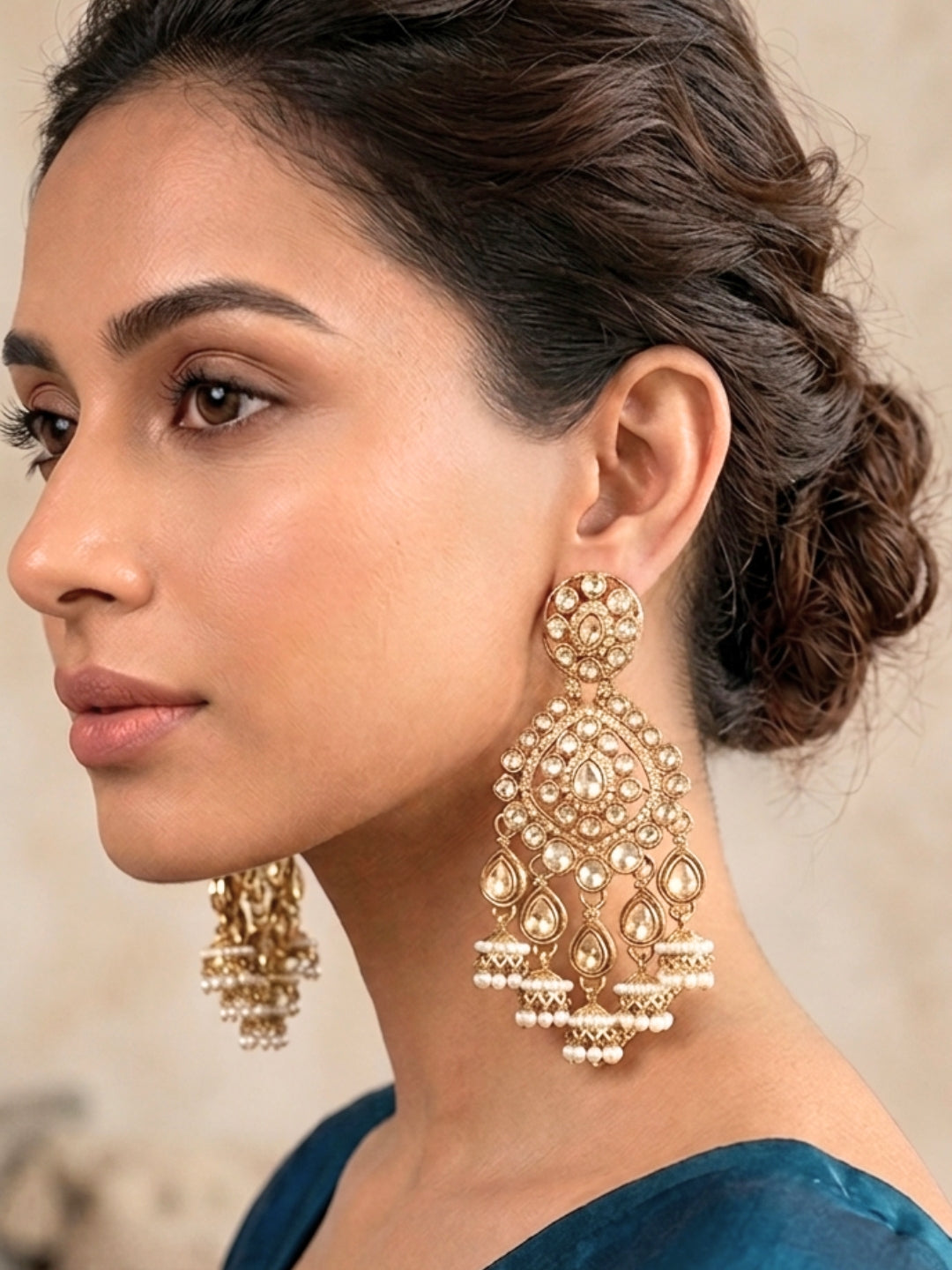 Gold-Plated Kundan, Zirconia & White Pearl Beaded Long Chandbali Earrings