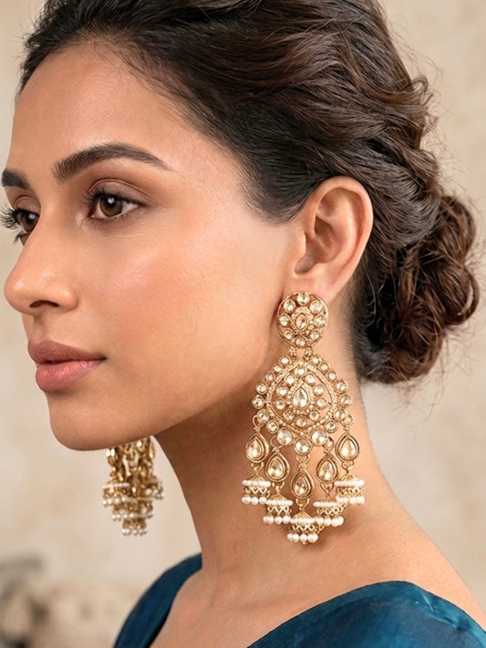 Gold-Plated Kundan, Zirconia & White Pearl Beaded Long Chandbali Earrings