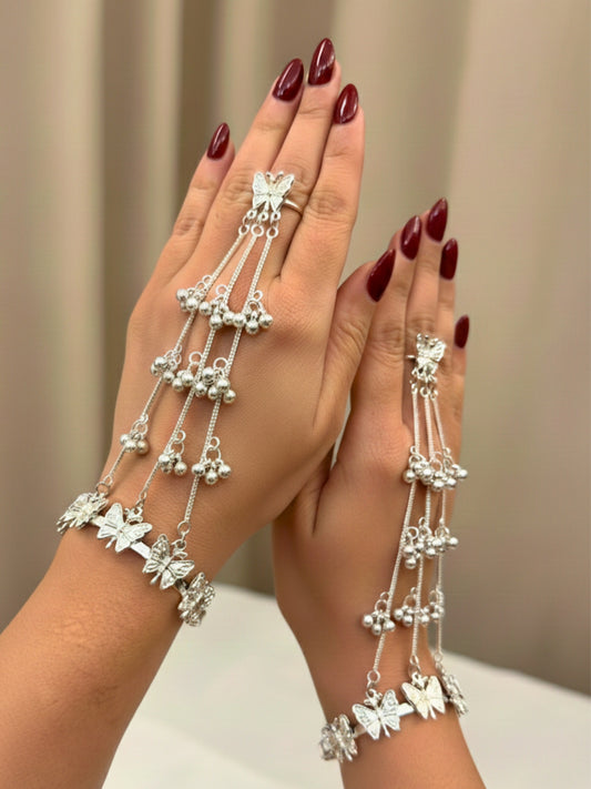 VIVAZS Silver-Plated Butterfly Ring Bracelet With Hathphool