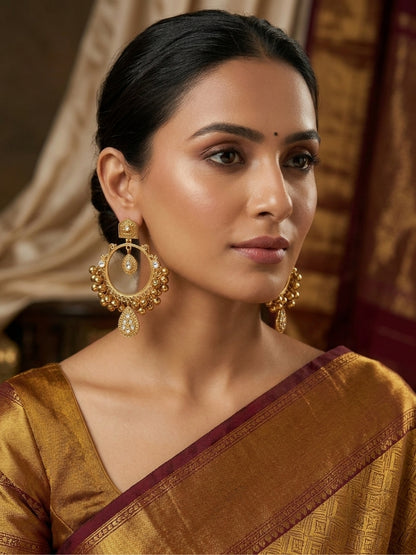 Gold-Plated White Kundan Ghungroo Statement Earrings